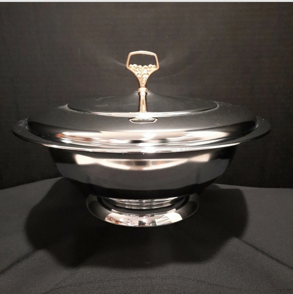 Vintage KROMEX Chrome Pedestal Serving Dish with Brass Handled Lid